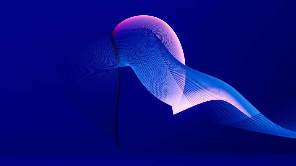 Digital abstract art showing colorful curved wave shapes with fine lines on a blue background.