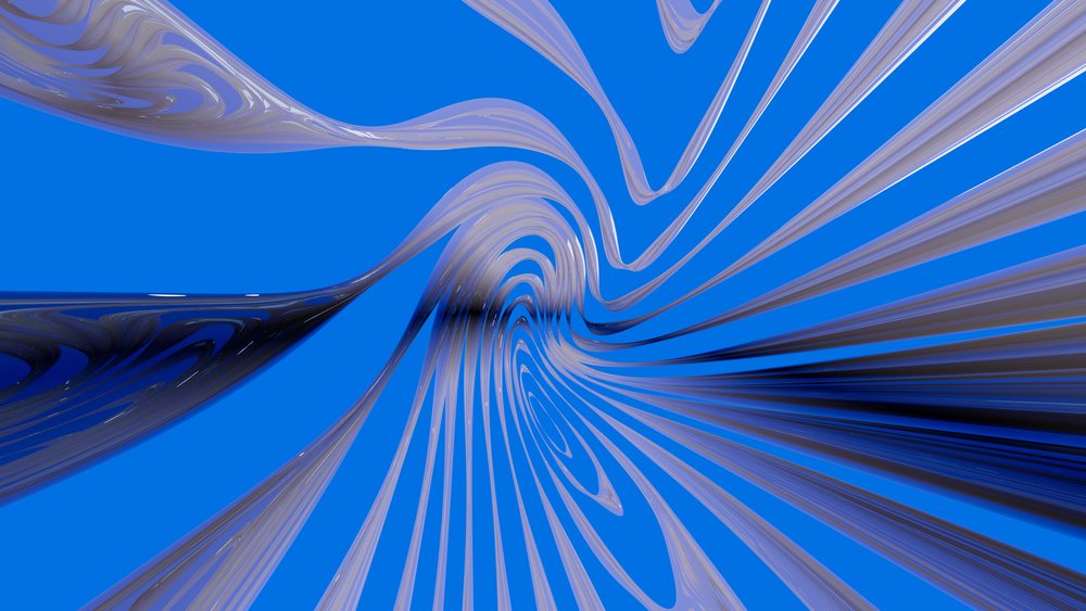 Abstract digital illustration featuring flowing gray swirls and wavy lines on a blue background.