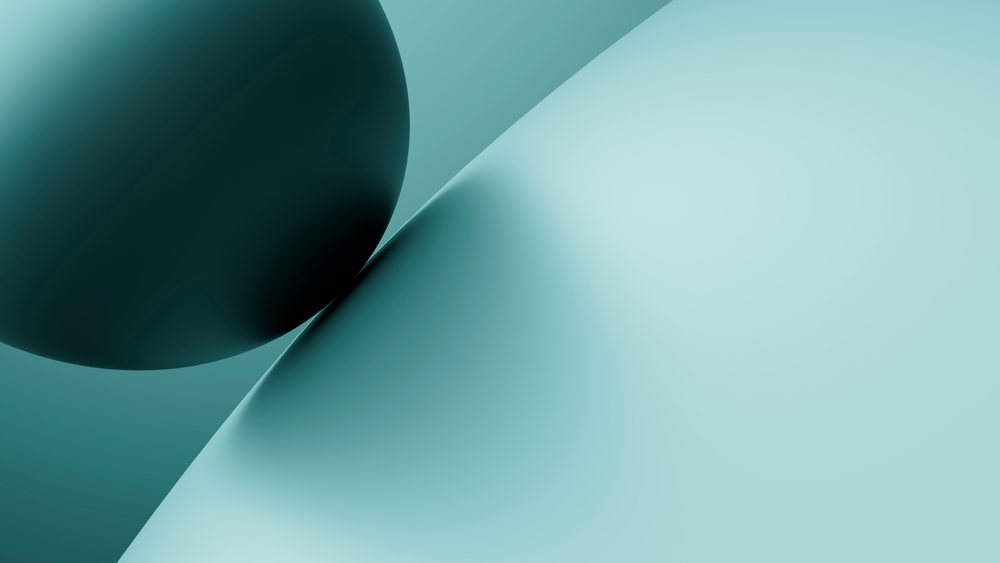 Digital 3D abstract illustration of a smooth curved surface intersecting with a dark sphere in teal and blue gradients.