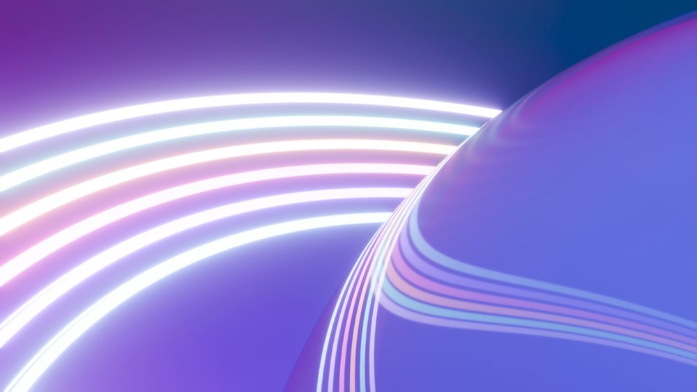 Abstract digital illustration featuring glowing neon lines over a smooth reflective blue and purple curved surface.