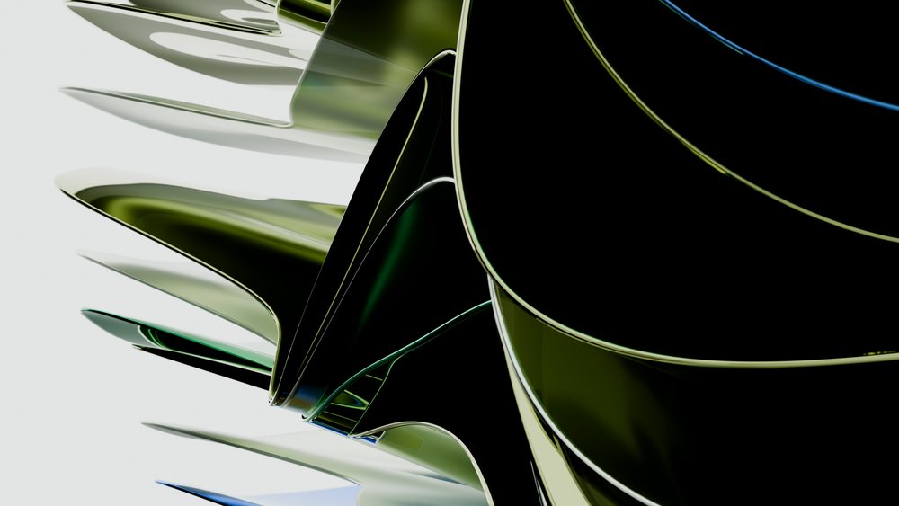 Abstract metallic sculpture with flowing curved shapes and reflective surfaces in black and white tones.