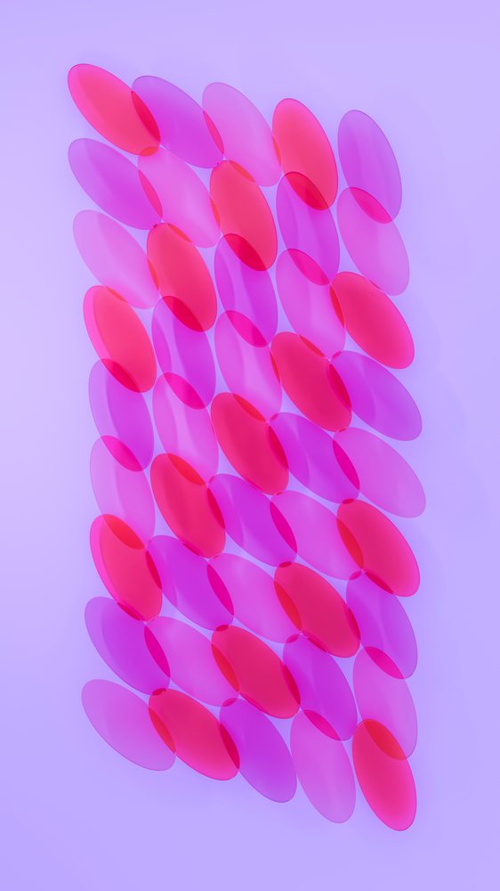 Symmetric pattern of overlapping pink and purple transparent ovals on a gradient digital abstract background.