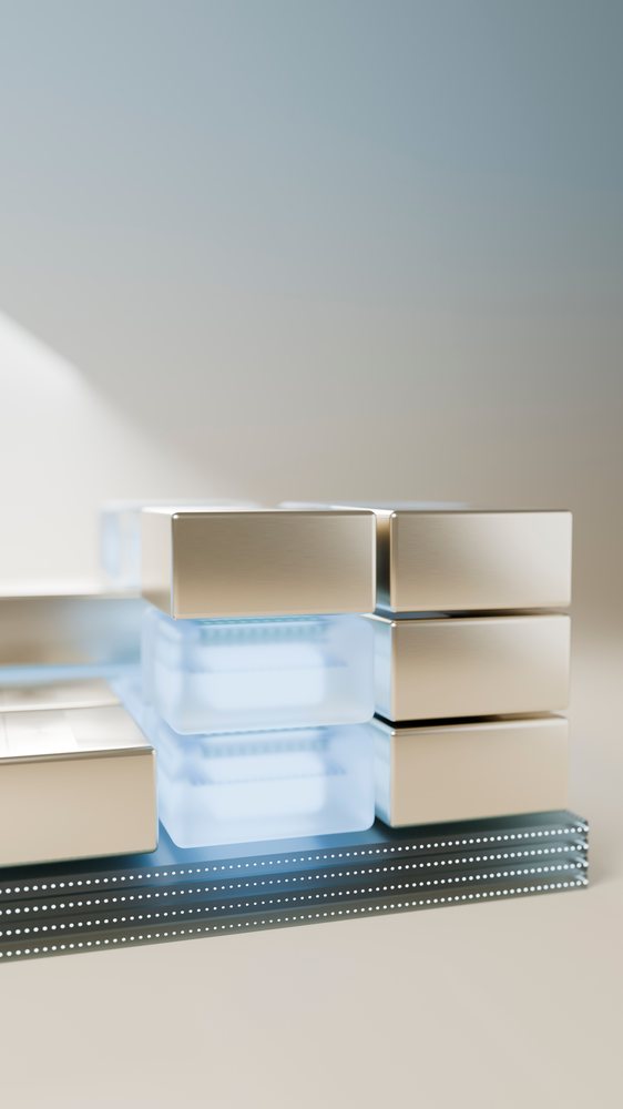 Stack of metallic and transparent rectangular blocks arranged in layers on a patterned blue base in a minimalist studio setting.