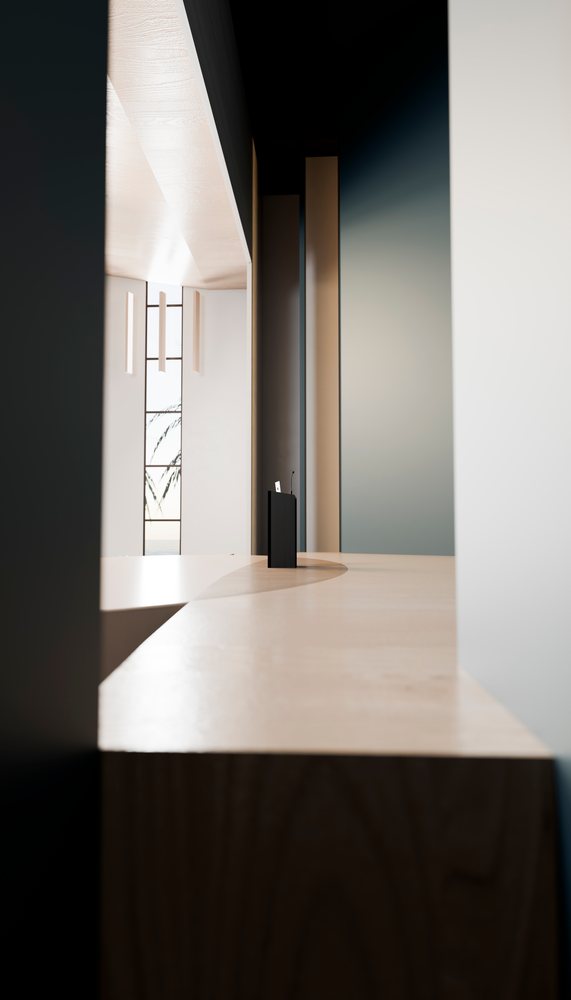 Modern lectern with microphone and laptop on a wooden stage in a minimalist conference room with large window.