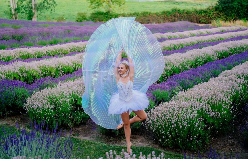 A ballerina in a white tutu with iridescent wings dances gracefully in a lavender field, WA, USA.