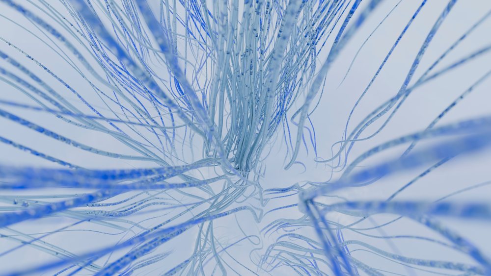 Abstract arrangement of flowing thin blue strands forming a web-like pattern in a digital 3D render.