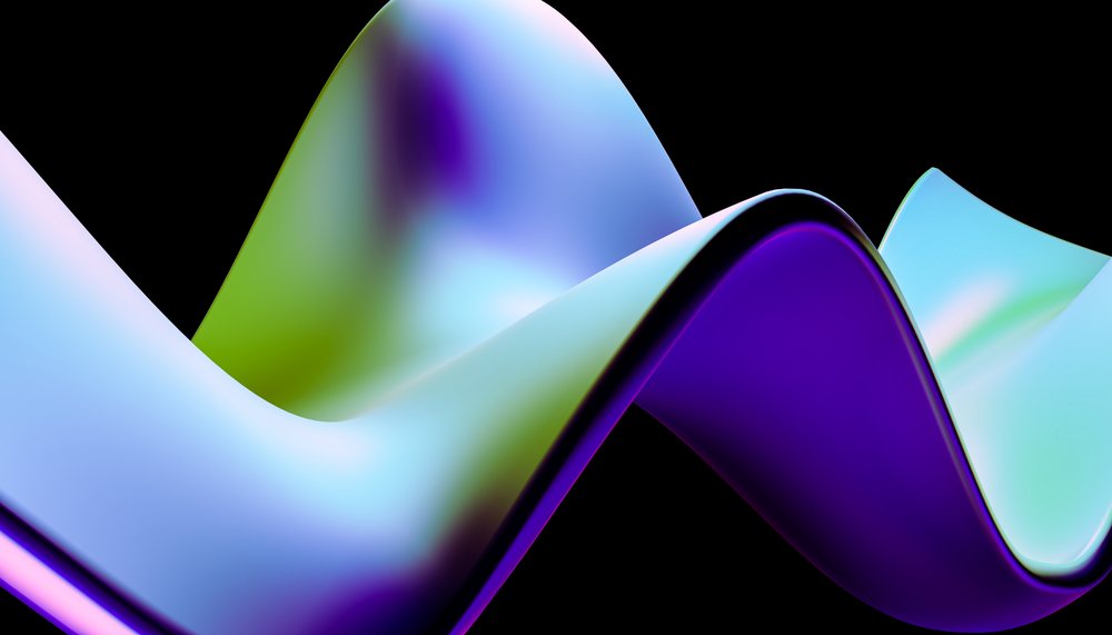 Abstract colorful digital wave with smooth, flowing purple, blue, and green curves in a 3D rendered illustration, render, wallpaper.