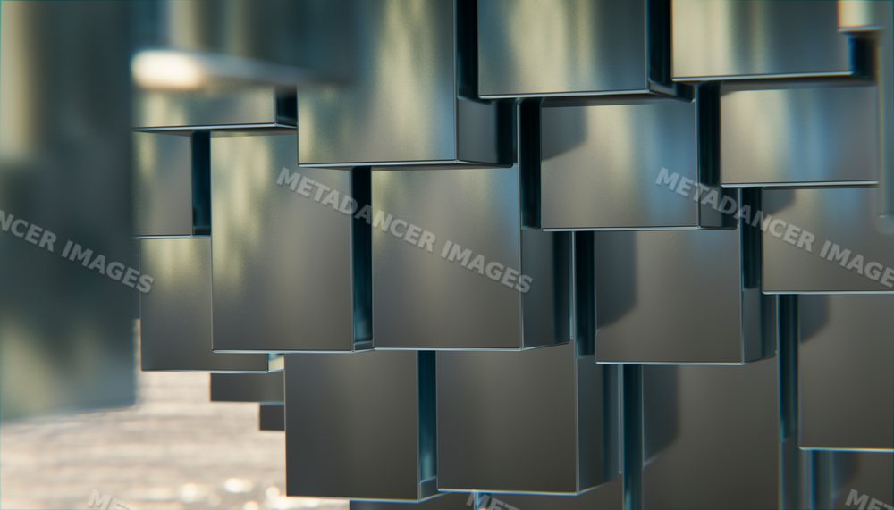 Close up of metallic rectangular columns forming an abstract pattern
