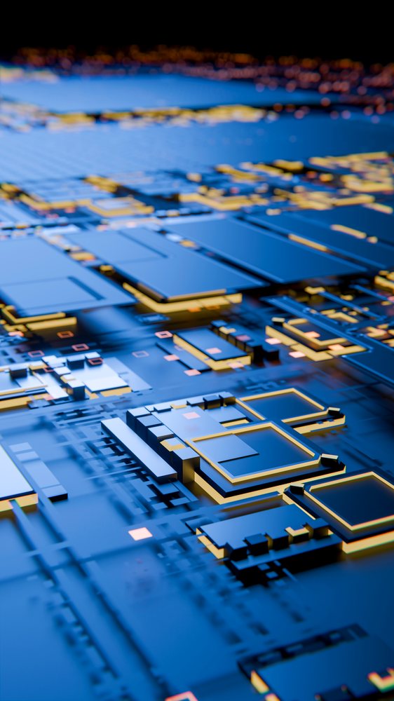 Close-up 3D rendered view of a blue circuit board with gold edge connectors, multiple microchips, and electronic components.