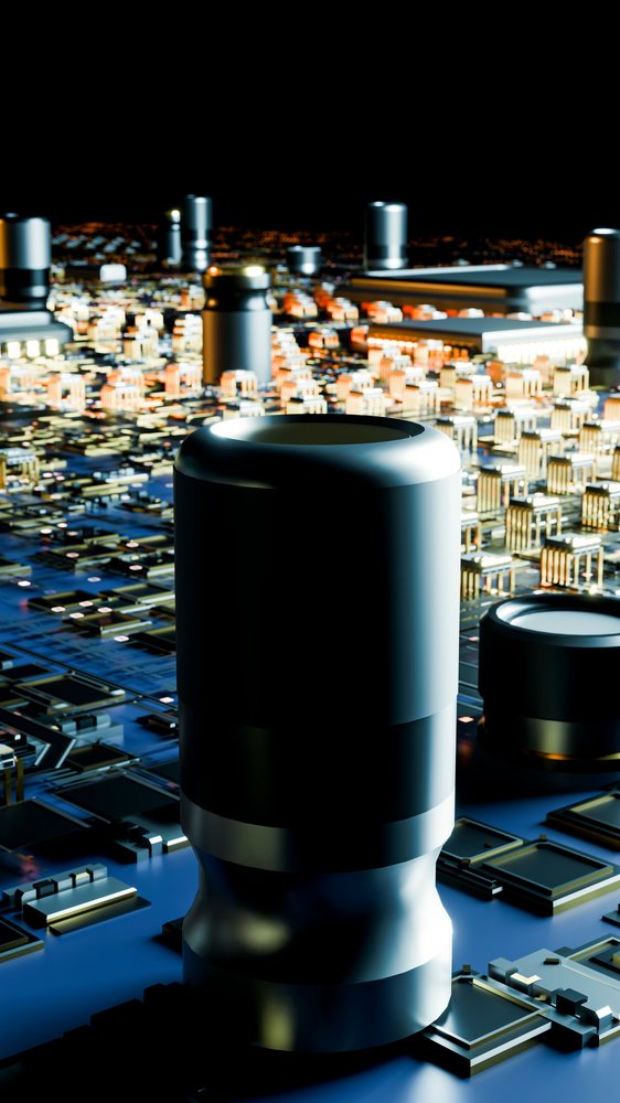 Close-up of a black cylindrical electronic capacitor and metallic components soldered on a blue printed circuit board illustrating technology and electronics assembly.