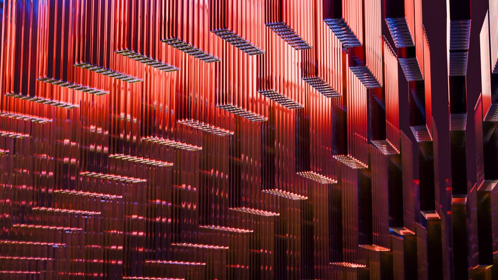 Abstract digital illustration with geometric vertical lines and vibrant red and purple reflections.