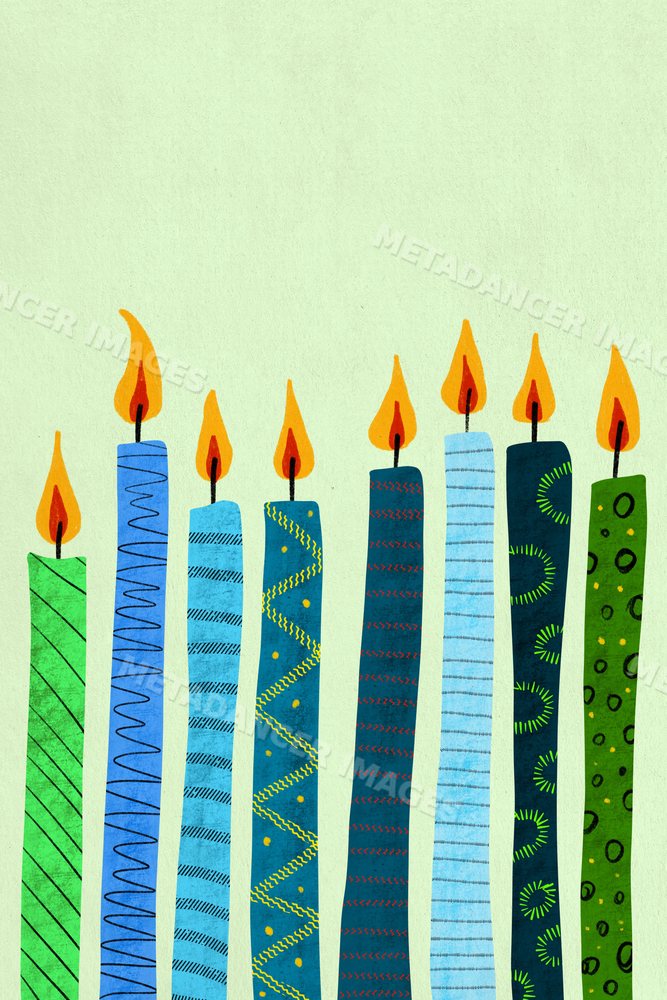 Illustration of nine colorful lit candles with decorative patterns