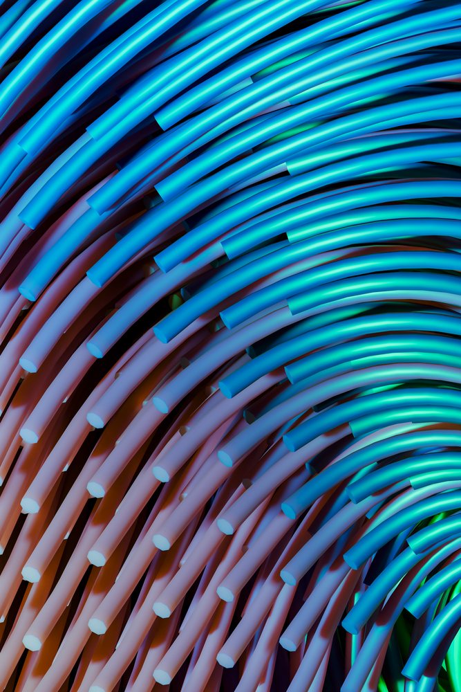 Multiple curved blue rods form a dynamic abstract geometric pattern with a blue color gradient and flowing texture.