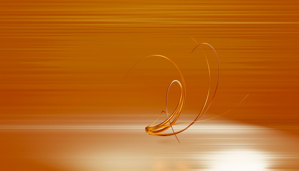 Abstract orange digital art featuring dynamic glossy curved lines and ribbons with reflective light effects.