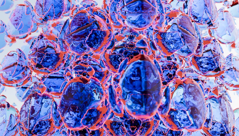 Blue and red outlined abstract crystalline shapes with reflective and transparent textures forming a complex artistic composition.
