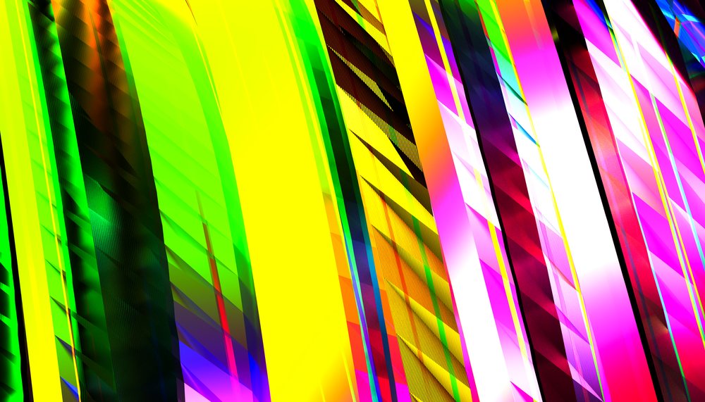 Colorful abstract digital art featuring vibrant overlapping geometric shapes and bright neon hues.