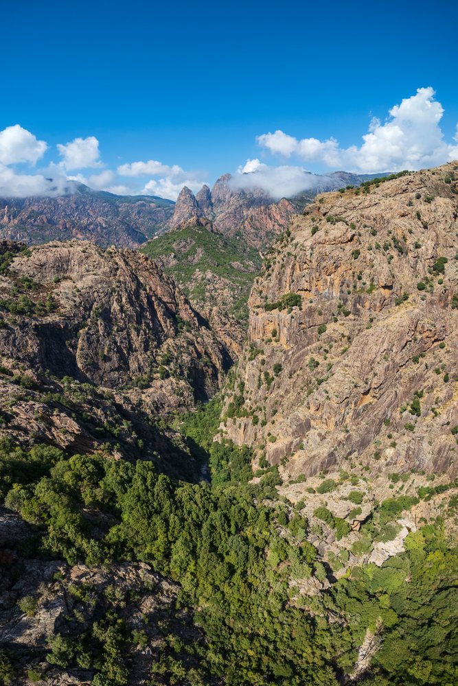 Natural canyon views displaying rugged mountains, green forest, and a blue sky with clouds along Highway D84, Travel Photography, Evisa, Corsica, France.