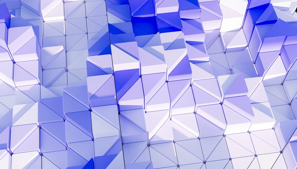 Abstract 3D render of blue and white geometric block shapes forming a textured pattern with sharp cuboid and triangular facets.