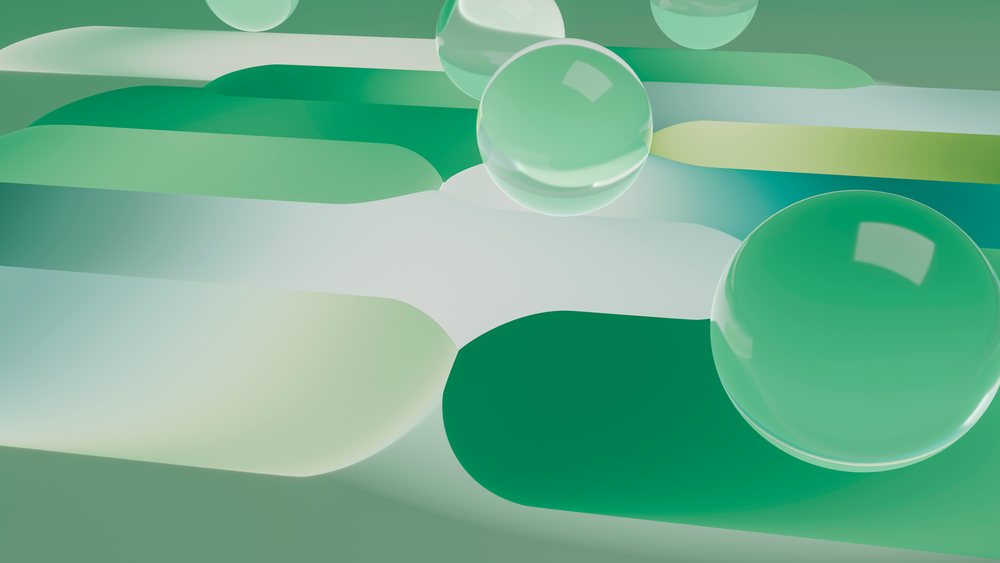 Abstract digital illustration featuring green glass spheres floating above smooth rounded rectangles with green gradients.