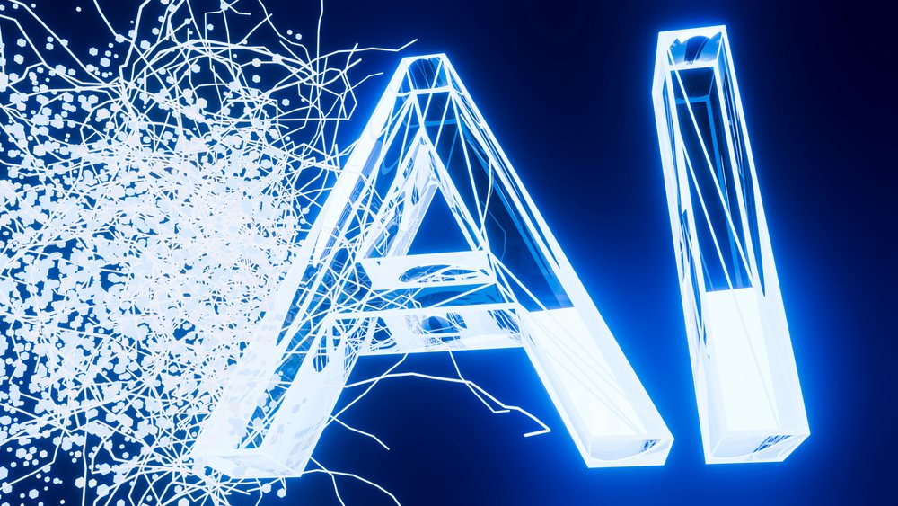 Glowing 3D letters spelling AI with digital network connections on a blue futuristic background.