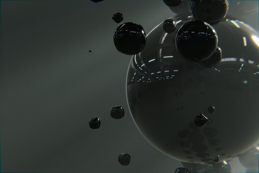Glossy black spheres float against a dark abstract background in a digital 3D render.