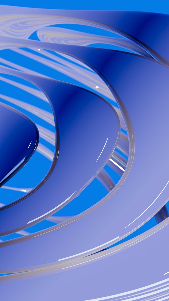 Abstract digital 3D blue spiral rings with glossy reflective surfaces form dynamic modern shapes.