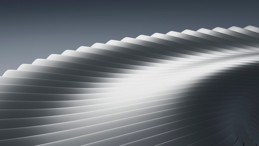 Abstract wave-shaped curved layers with a smooth gray gradient and flowing lines create a modern 3D design element.