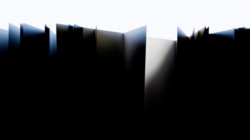 Abstract digital artwork depicting dark vertical shapes contrasted against a white background emphasizing light and shadow.