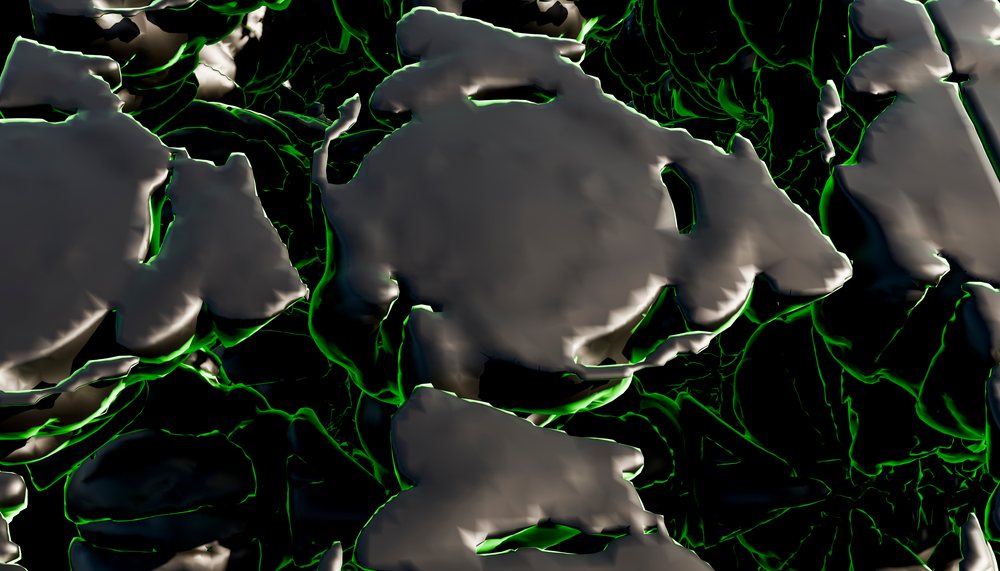 Dark abstract shapes with green glowing edges form a complex organic pattern in digital 3D artwork.
