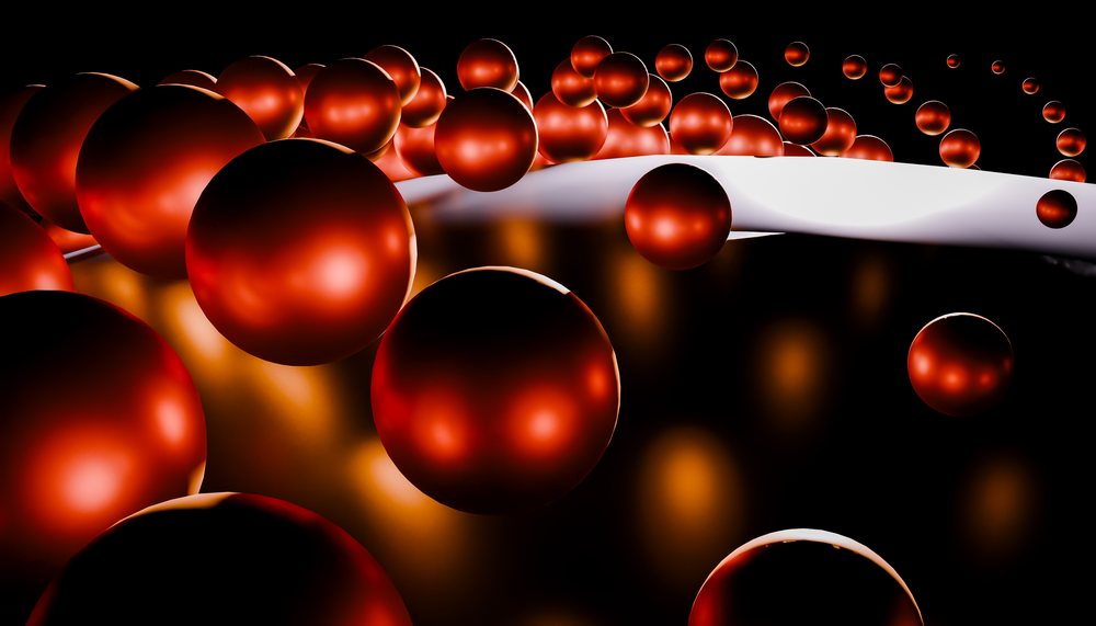 Abstract digital art depicts red glossy spheres floating over a curved white surface with orange reflections against a black background.