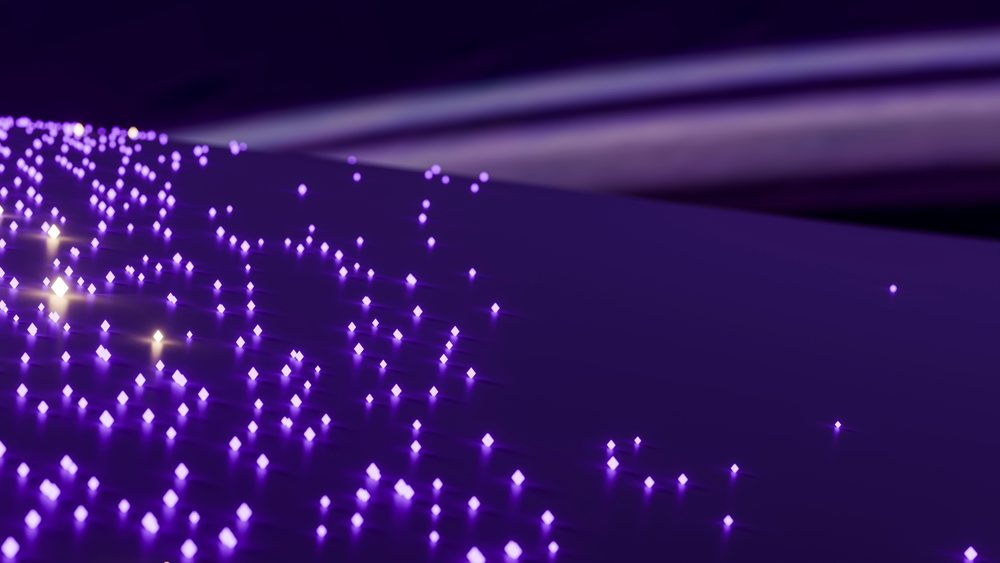 Abstract digital art of glowing purple points scattered on a smooth dark surface with futuristic lighting effects.