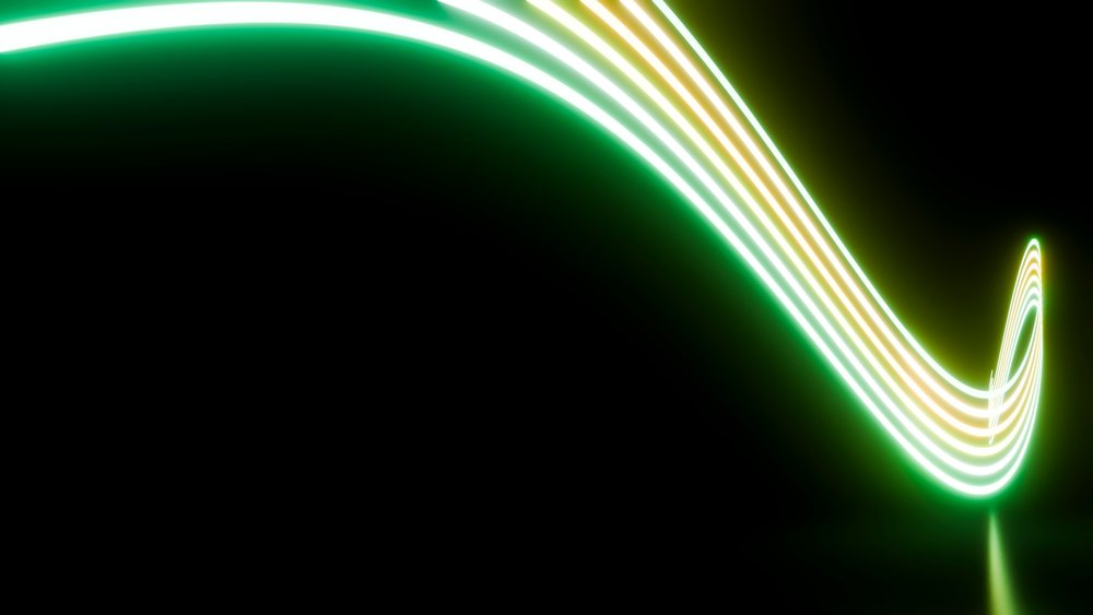Curved glowing neon light trails in yellow and green flow against a black background in a digital illustration.