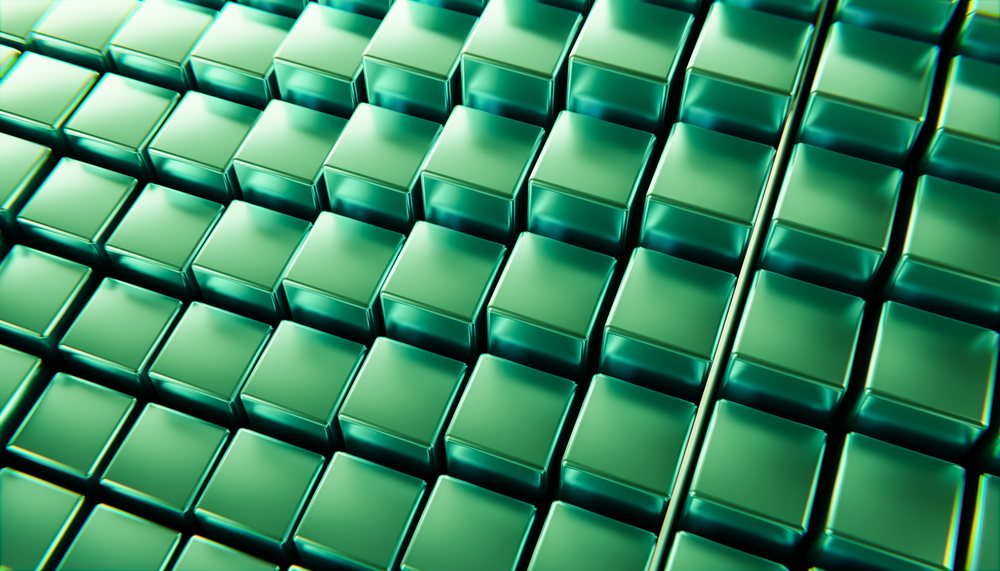 Green glossy cubes arranged in a repetitive grid create an abstract three-dimensional digital background.