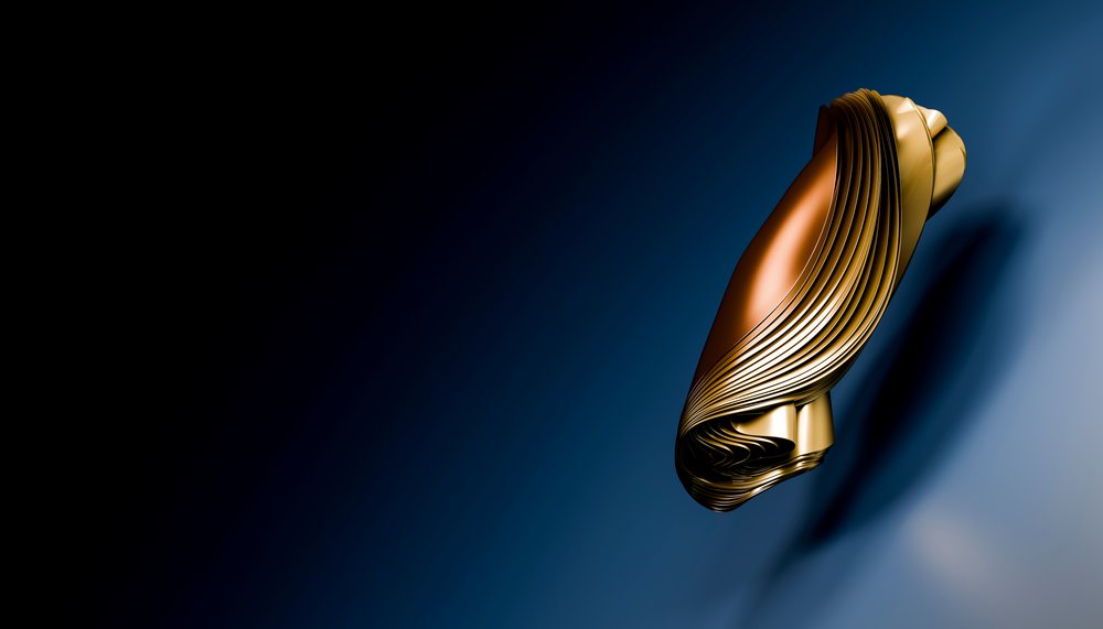 Abstract gold-colored sculpture with smooth curved metallic layers displayed against a black to dark blue gradient background with copy space.