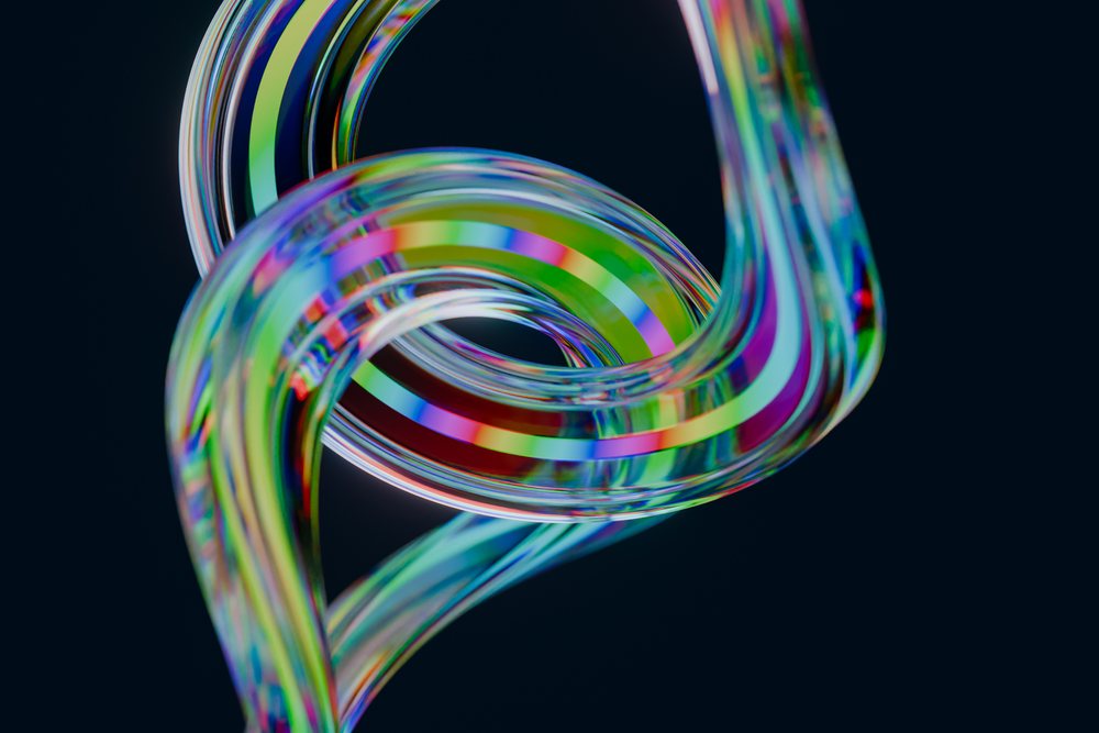 Colorful twisted tube abstract 3D render with transparent and reflective surface on dark background.