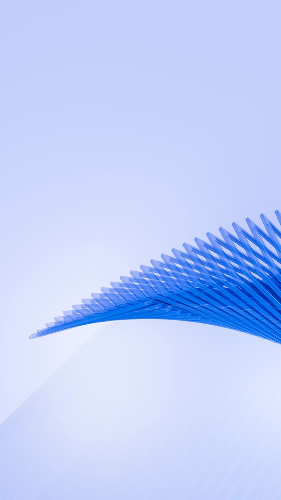 Abstract blue curved 3D structure with repeated linear elements forming a wave-like pattern on a light blue background with shadows.