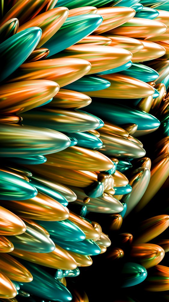 Close-up of an abstract pattern featuring elongated shiny metallic shapes in orange and teal with a smooth reflective texture.