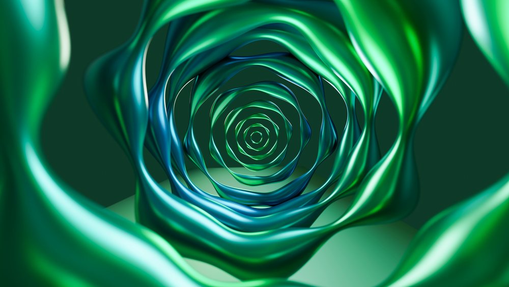 Digital 3D abstract art featuring twisted green and blue concentric rings forming a spiral sculpture.