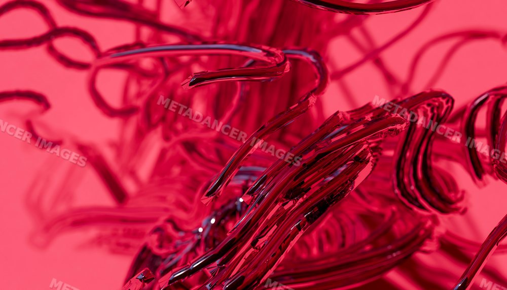 Close-up of abstract curved red glass tubes with reflective surfaces