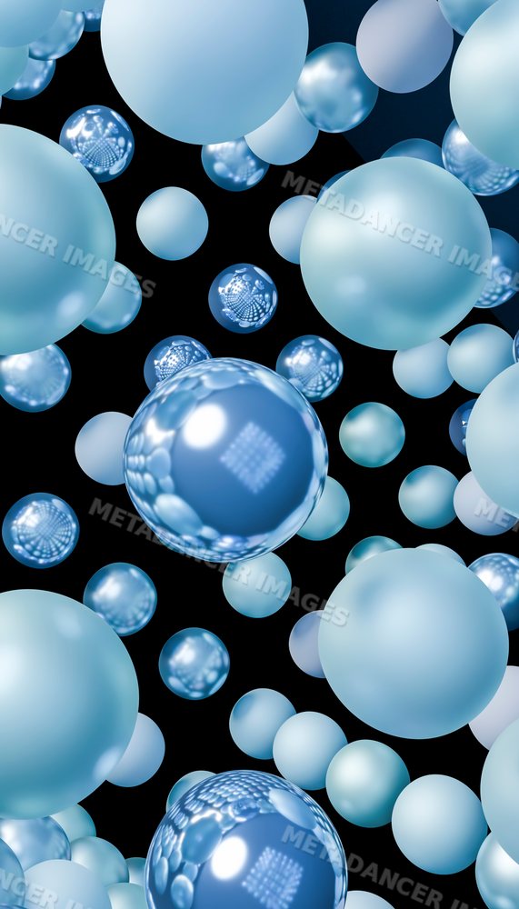 Digital 3d rendering of floating shiny and matte blue spheres