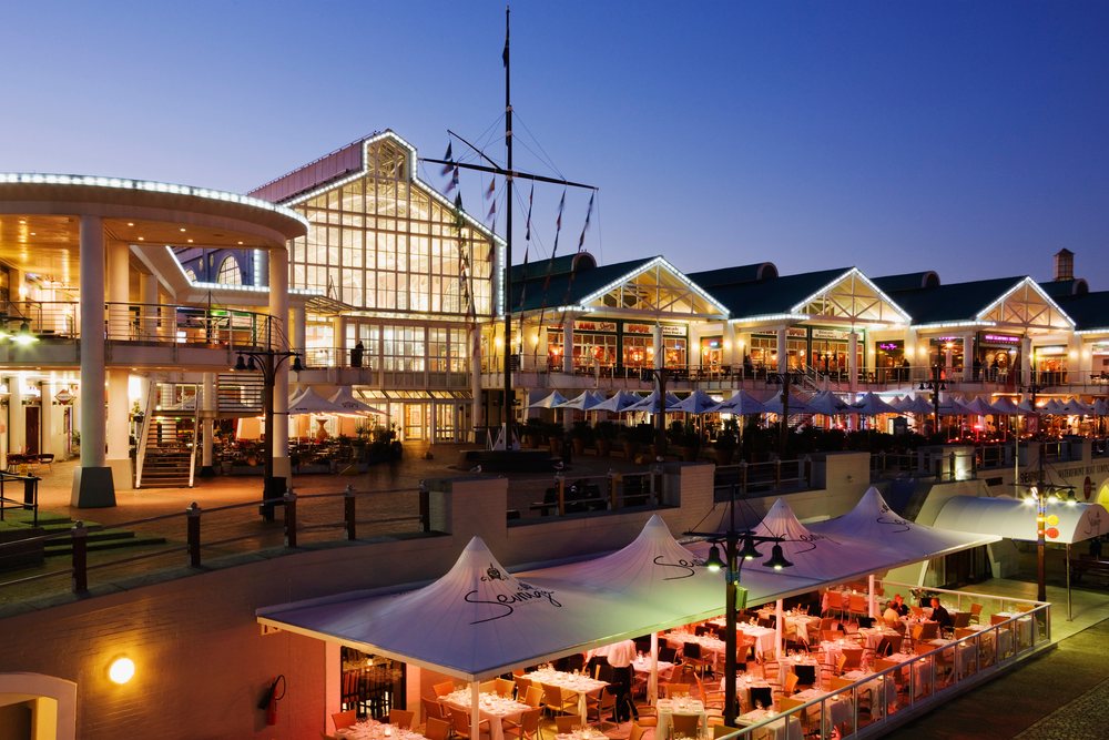 Victoria & albert waterfront dining area at twilight, Western Cape, South Africa.