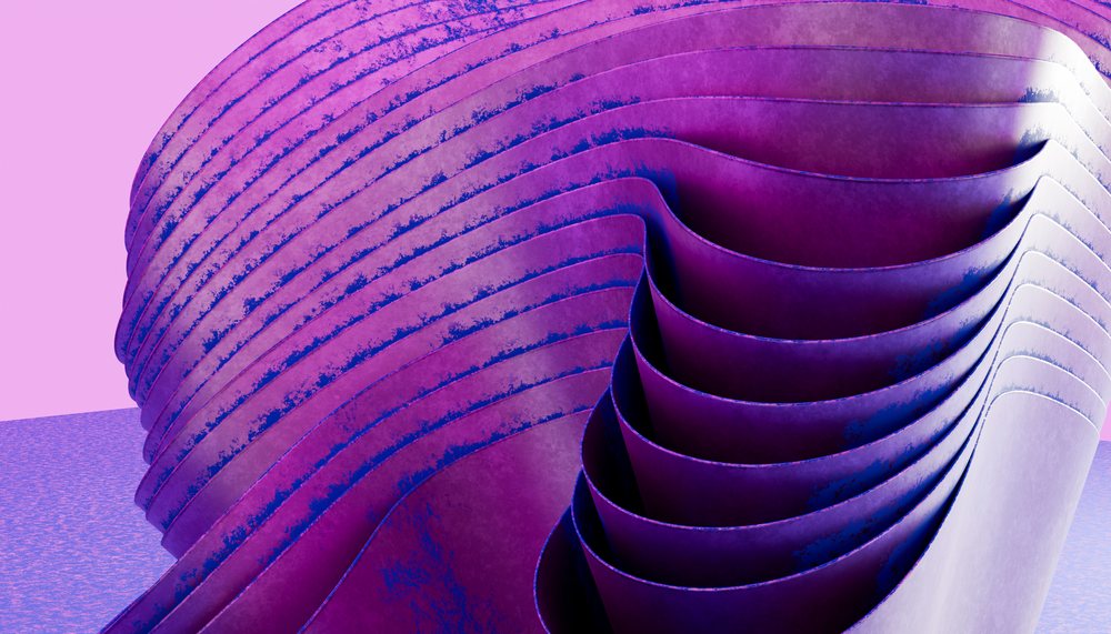Abstract sculpture composed of smooth curved purple layers with a gradient effect in a modern artistic setting.