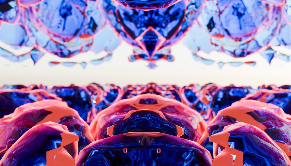 Abstract 3D illustration featuring symmetrical blue and red shapes creating a futuristic digital pattern.