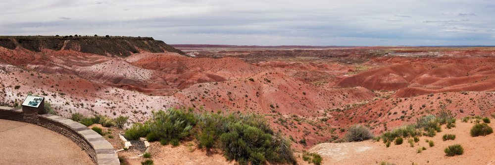 Panoramic view of the Painted Desert's red hills and rock formations, Arizona, USA.