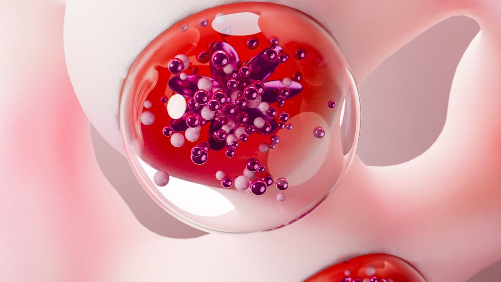 Abstract 3D render of a red liquid sphere containing a purple flower and bubbles atop a pink smooth shape.