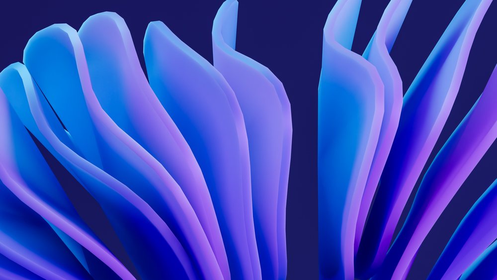 abstract render of curved blue and purple layered shapes with a gradient color effect.