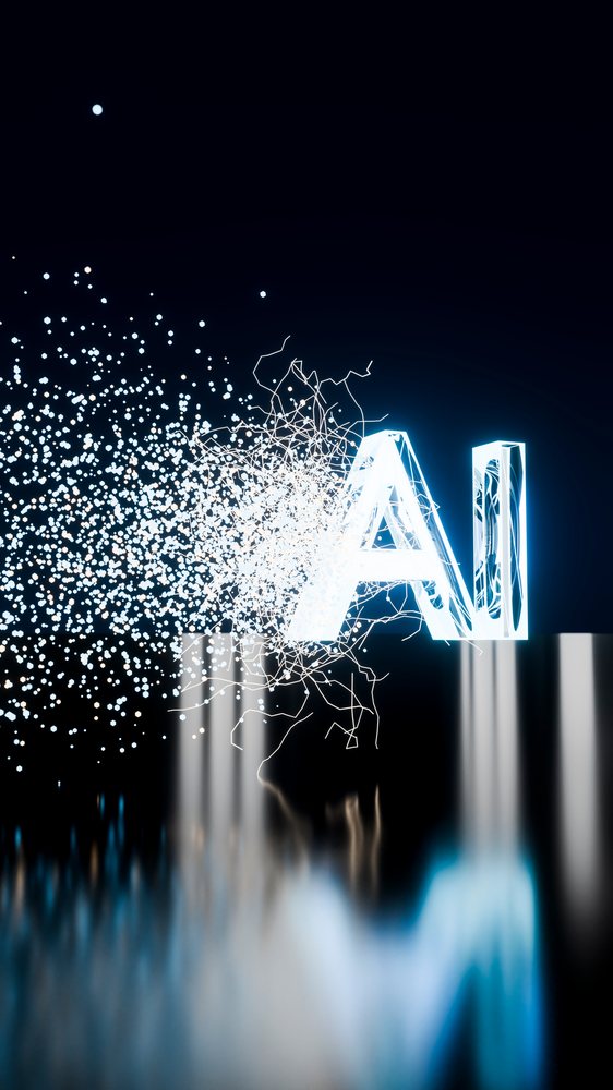 Bright glowing AI letters with digital particles and network lines on a reflective surface in a futuristic technology scene.