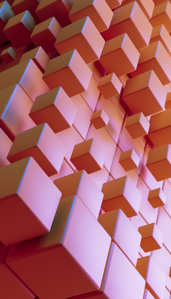 Floating orange and pink 3D cubes form a geometric pattern in an abstract digital artwork, render, wallpaper.