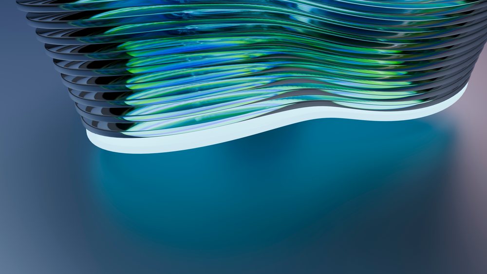 Abstract digital 3D illustration showing a smooth, layered blue-green curved structure with fluid wave shapes and reflective surfaces.