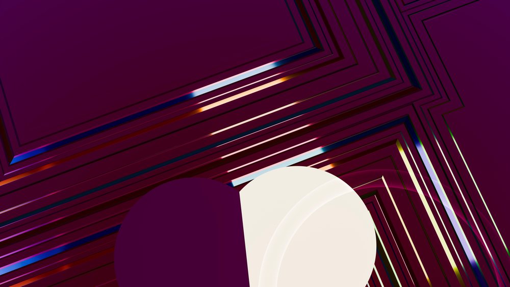 Abstract 3D illustration featuring a curved white sphere against a dark purple geometric background with multicolored linear patterns.